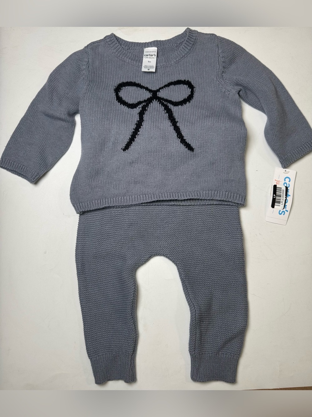 Carter’s Just One You Baby Girl 9M Gray Knit Bow Sweater Pants 2 Piece Set